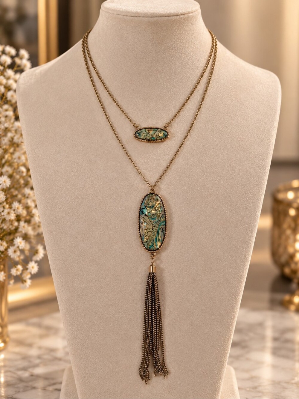 Gold-Tone Green Inlay Double-Layer Tassel Pendant Necklace